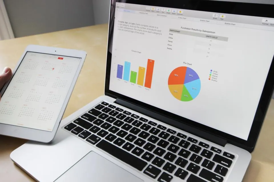 Computador y tableta con gráficas de ventas
